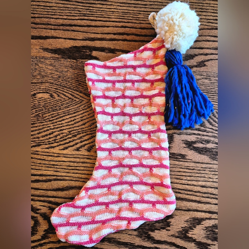 Pink and White Knit Stocking with Blue Tassel